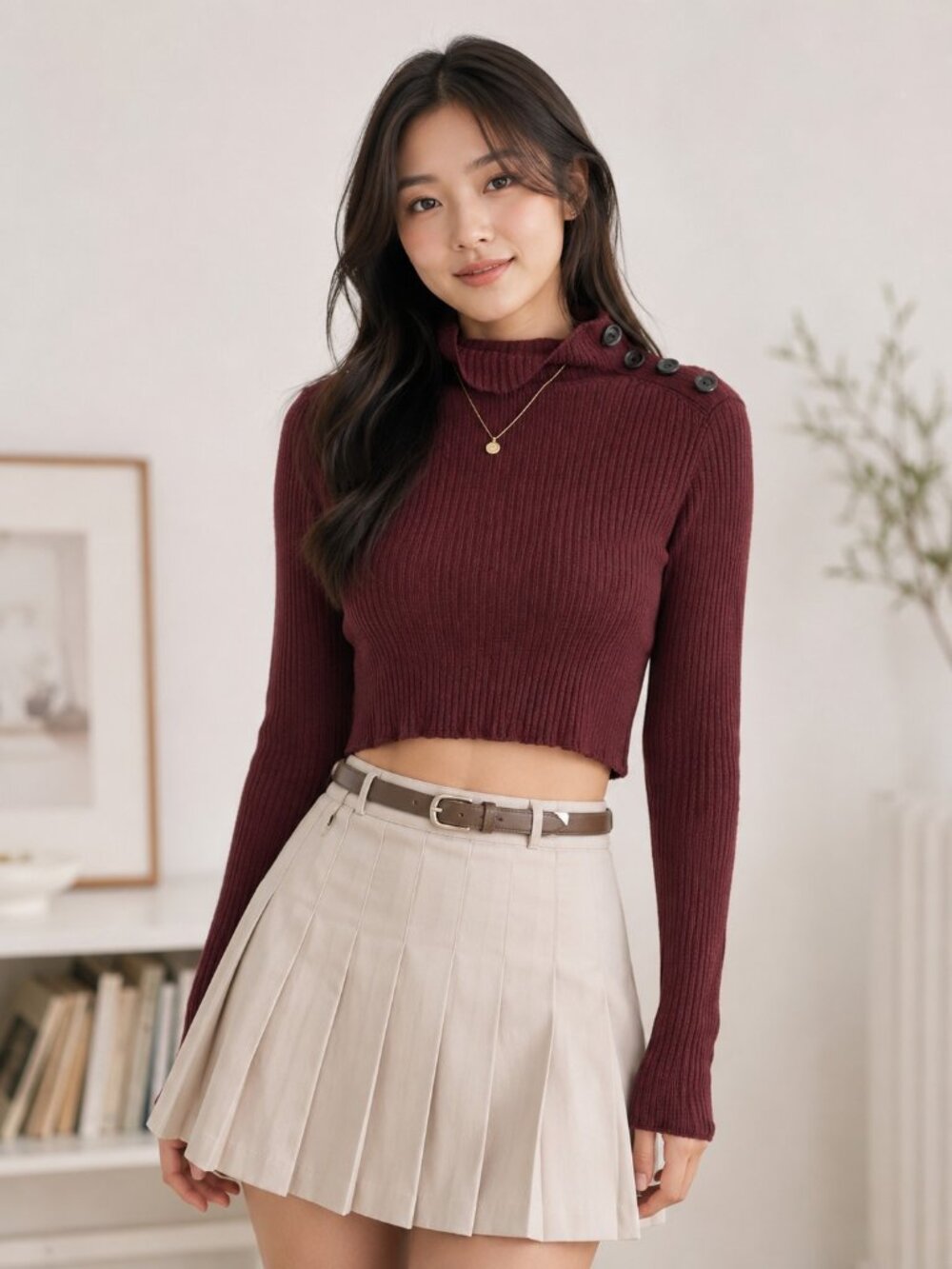 Zara Knit Burgundy Ribbed Crop Sweater L Mock Neck Button Shoulder Stretch Top